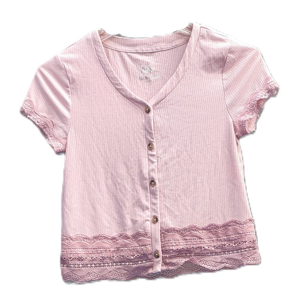 Justice Pink Crop Top with Lace Button Up Cap Sleeve Size 12 Excellent Condition